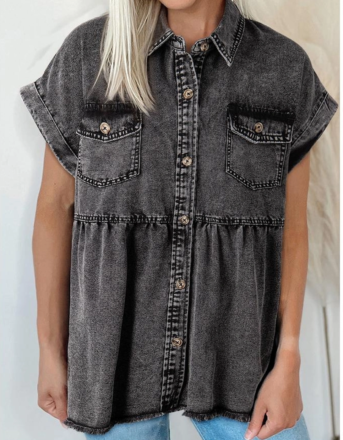Black Short Sleeve Flap Pocket Button Up Raw Hem Denim Shirt