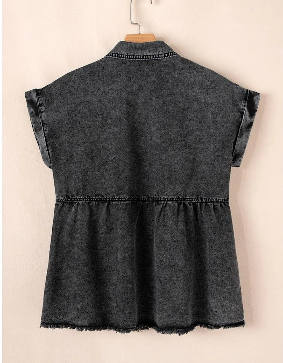 Black Short Sleeve Flap Pocket Button Up Raw Hem Denim Shirt