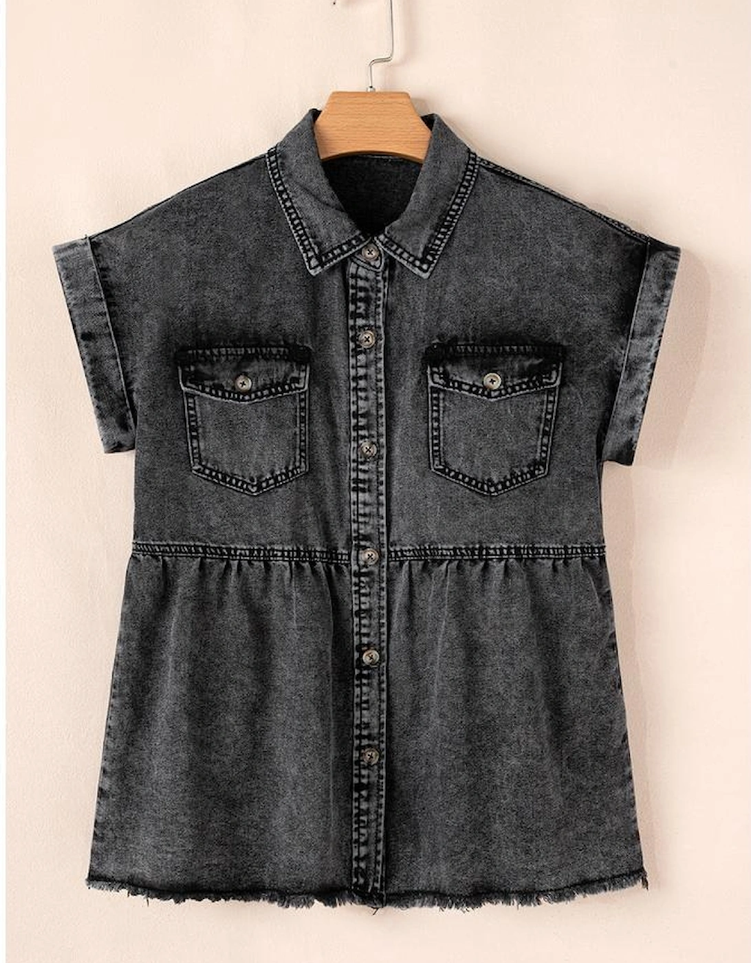 Black Short Sleeve Flap Pocket Button Up Raw Hem Denim Shirt