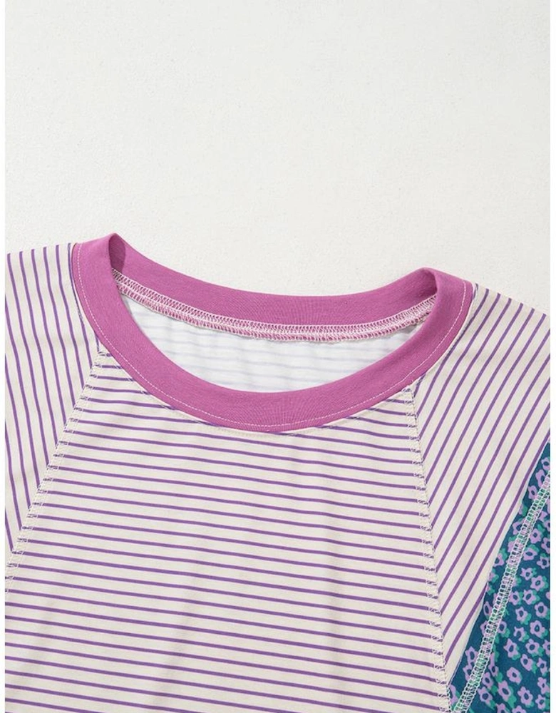 Purple Stripe Floral Color Block Raw Edge Patchwork Bracelet Sleeve Blouse