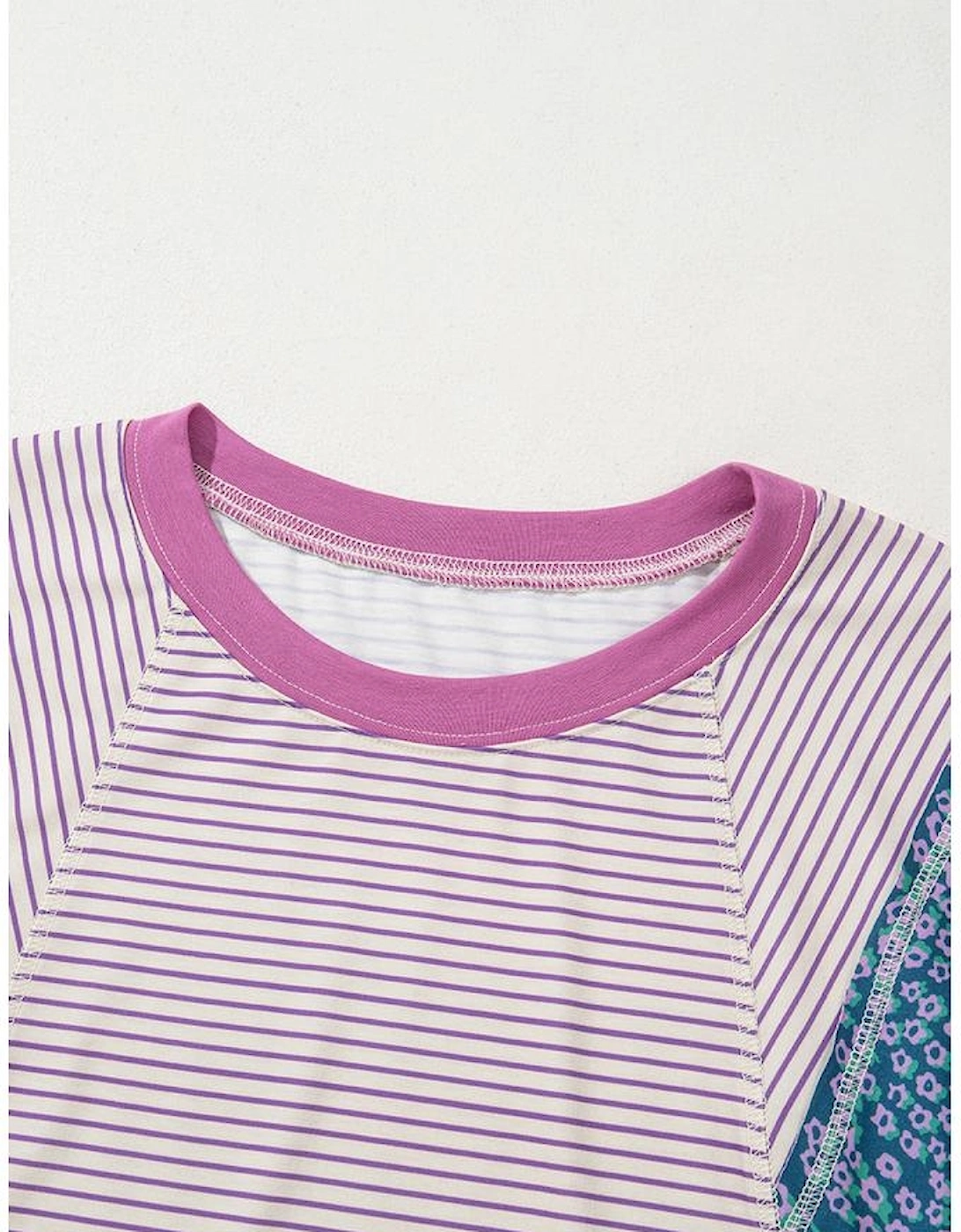 Purple Stripe Floral Color Block Raw Edge Patchwork Bracelet Sleeve Blouse