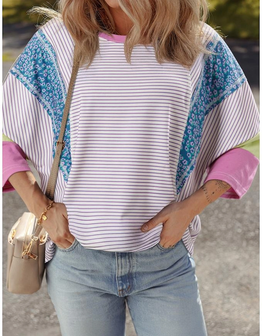 Purple Stripe Floral Color Block Raw Edge Patchwork Bracelet Sleeve Blouse