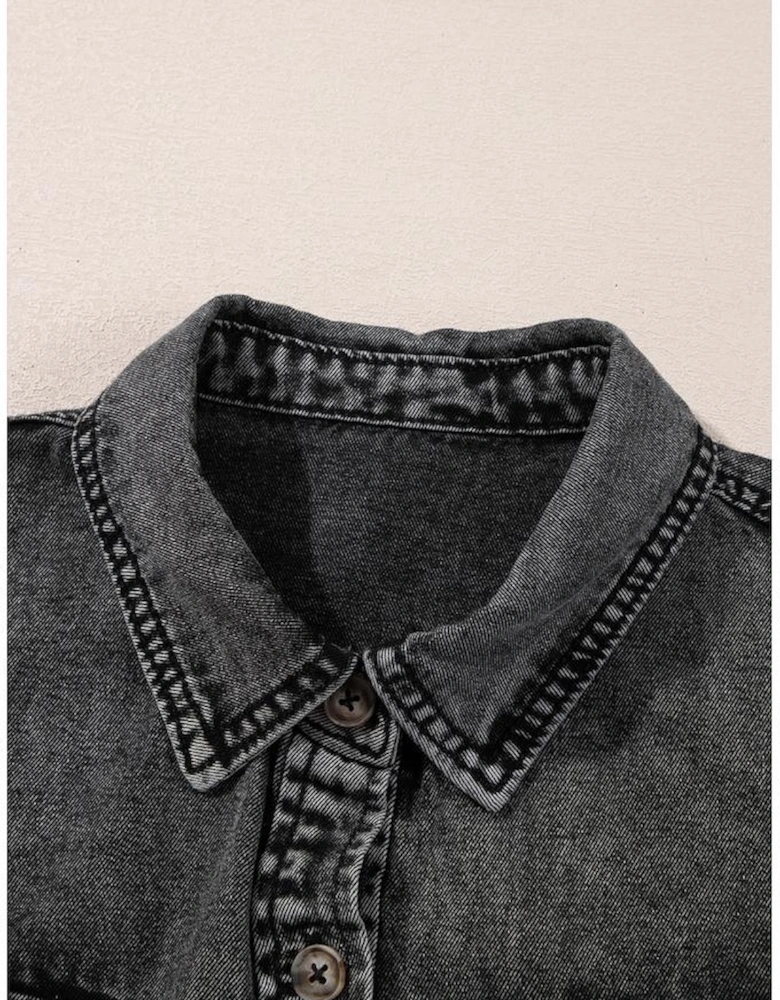 Black Short Sleeve Flap Pocket Button Up Raw Hem Denim Shirt