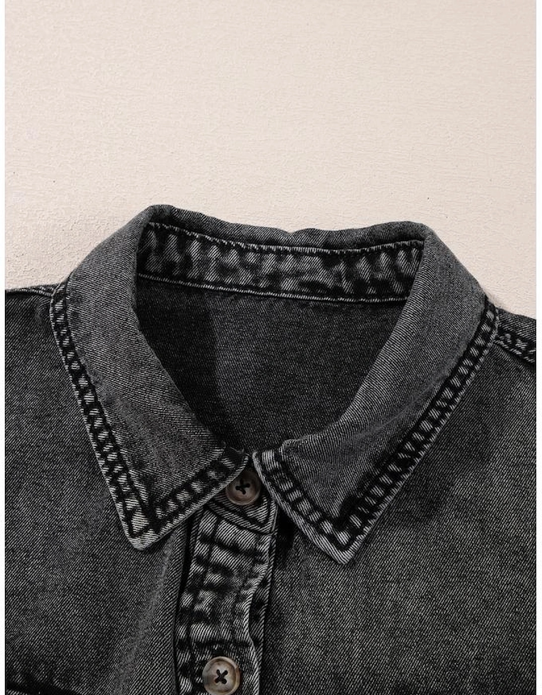Black Short Sleeve Flap Pocket Button Up Raw Hem Denim Shirt