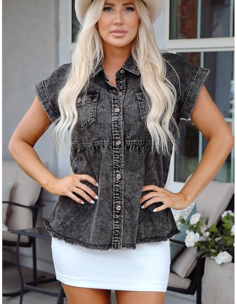 Black Short Sleeve Flap Pocket Button Up Raw Hem Denim Shirt