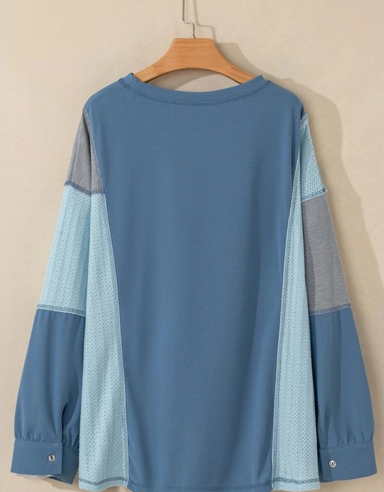Dusk Blue Colorblock Stitching Patchwork Buttoned Long Sleeve Top