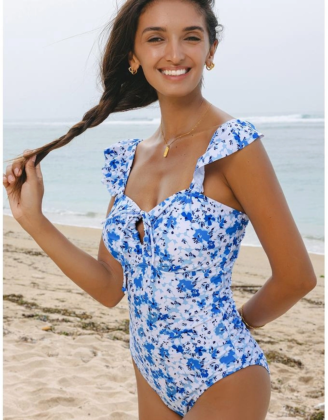 Blue Floral Ruffled Strap Lace-up Hollow Out One Piece Swimsuit