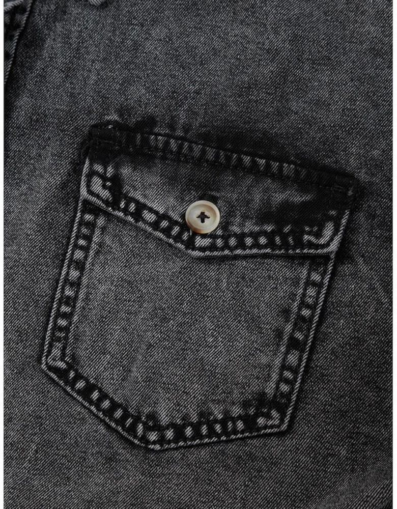 Black Short Sleeve Flap Pocket Button Up Raw Hem Denim Shirt