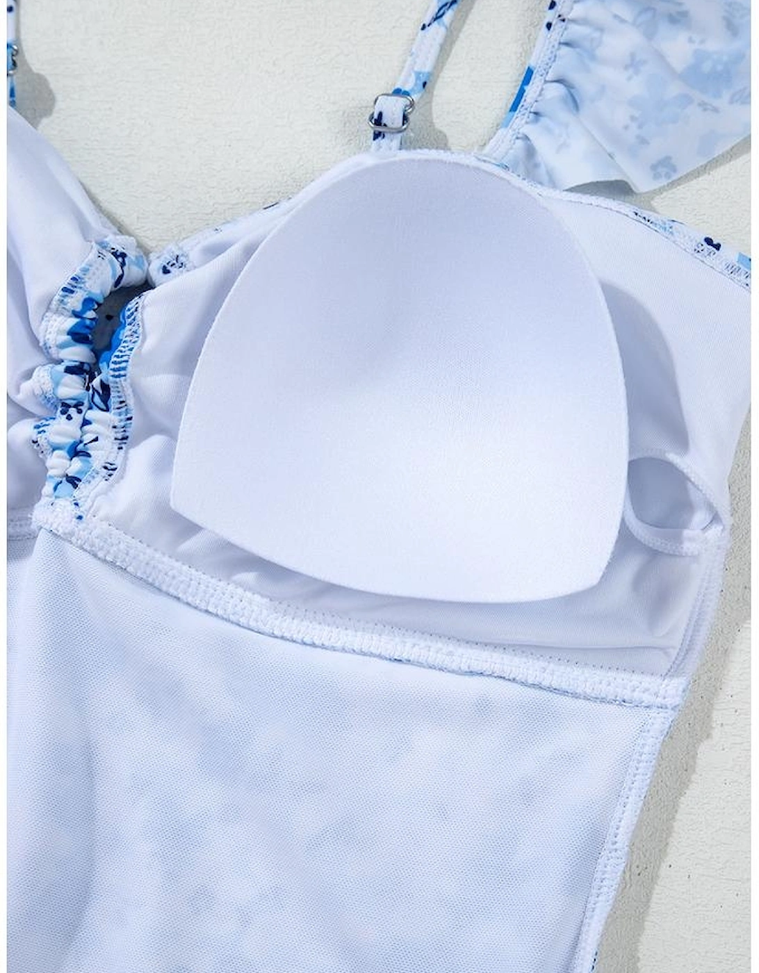 Blue Floral Ruffled Strap Lace-up Hollow Out One Piece Swimsuit