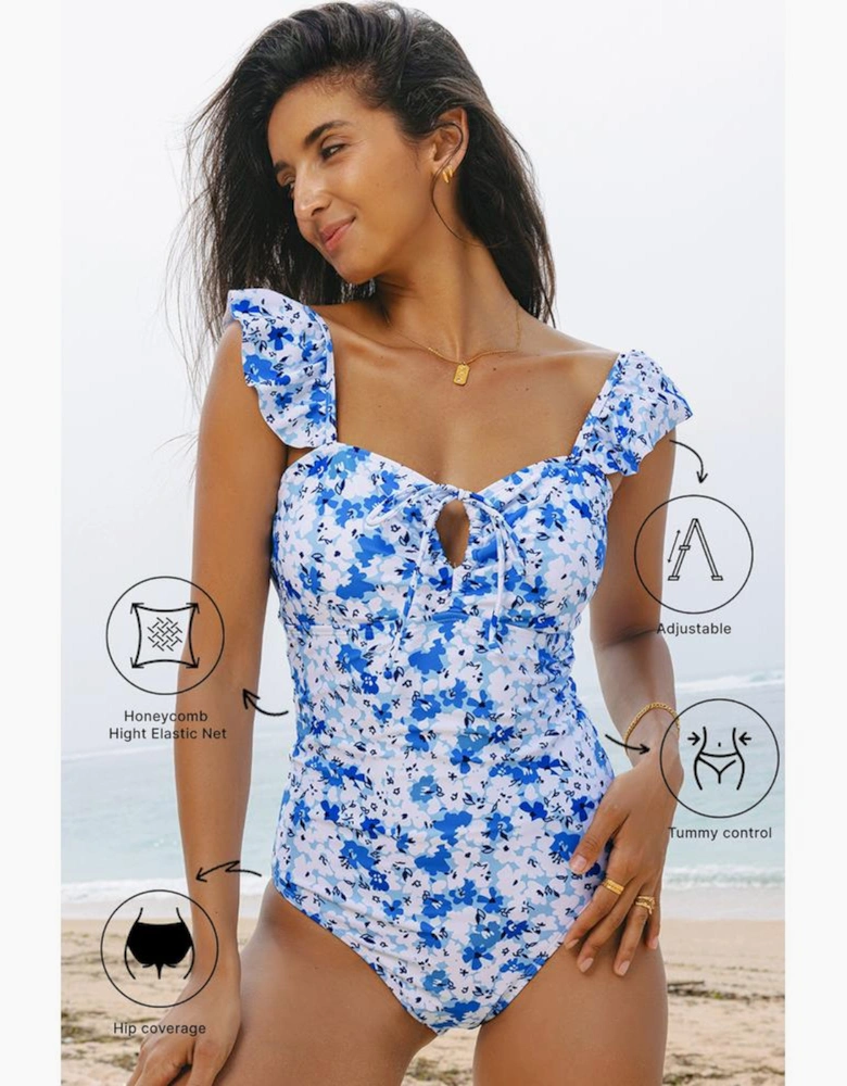 Blue Floral Ruffled Strap Lace-up Hollow Out One Piece Swimsuit
