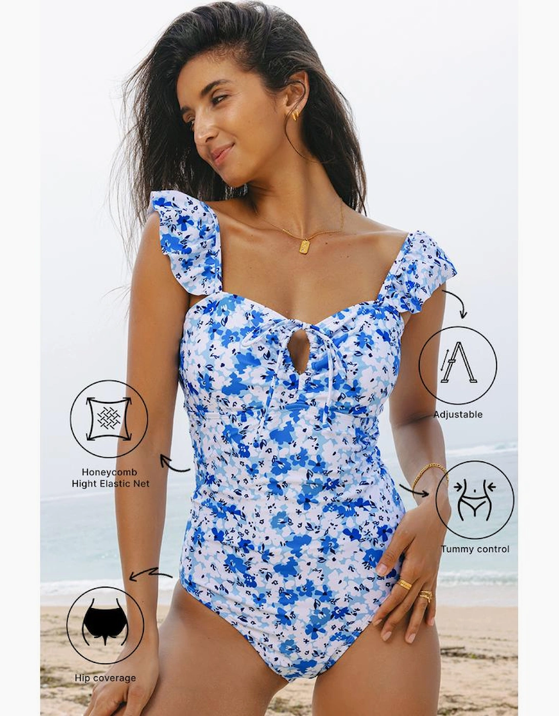 Blue Floral Ruffled Strap Lace-up Hollow Out One Piece Swimsuit