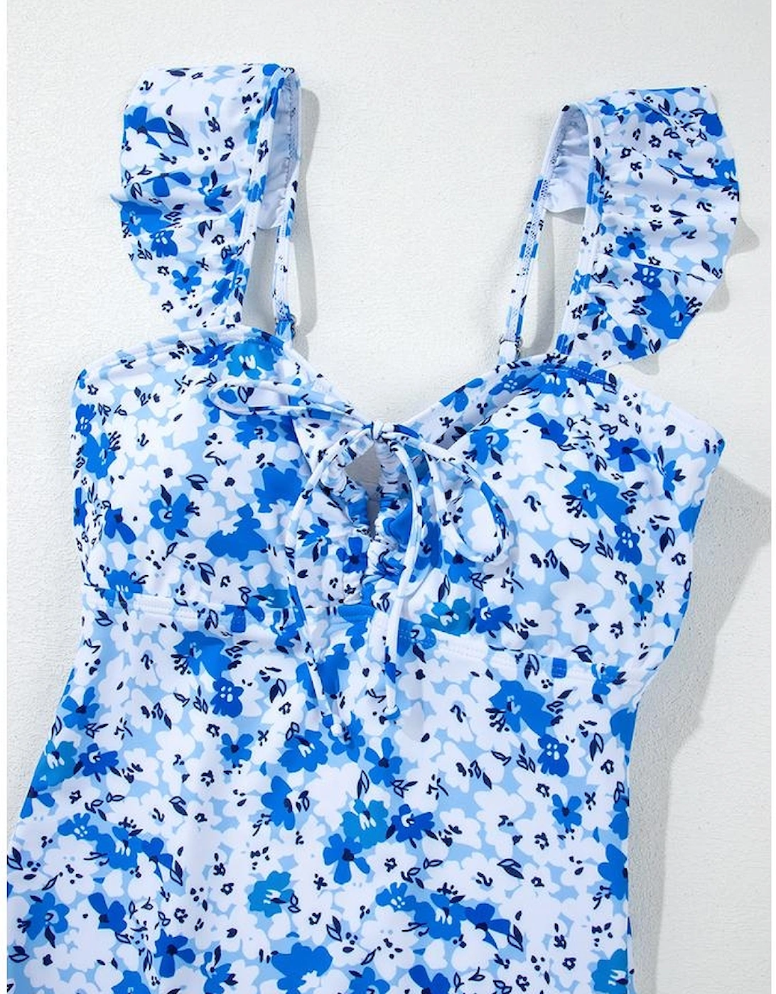 Blue Floral Ruffled Strap Lace-up Hollow Out One Piece Swimsuit