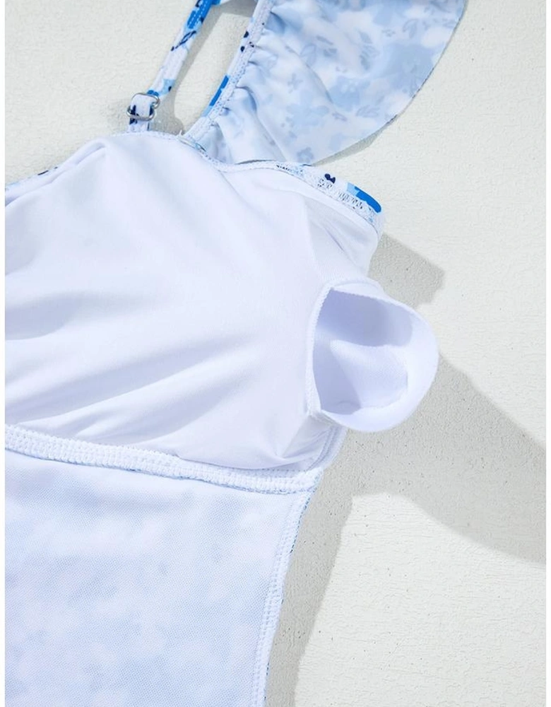 Blue Floral Ruffled Strap Lace-up Hollow Out One Piece Swimsuit