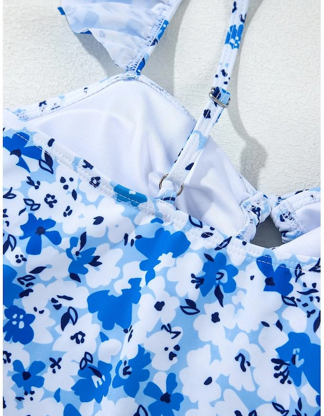 Blue Floral Ruffled Strap Lace-up Hollow Out One Piece Swimsuit