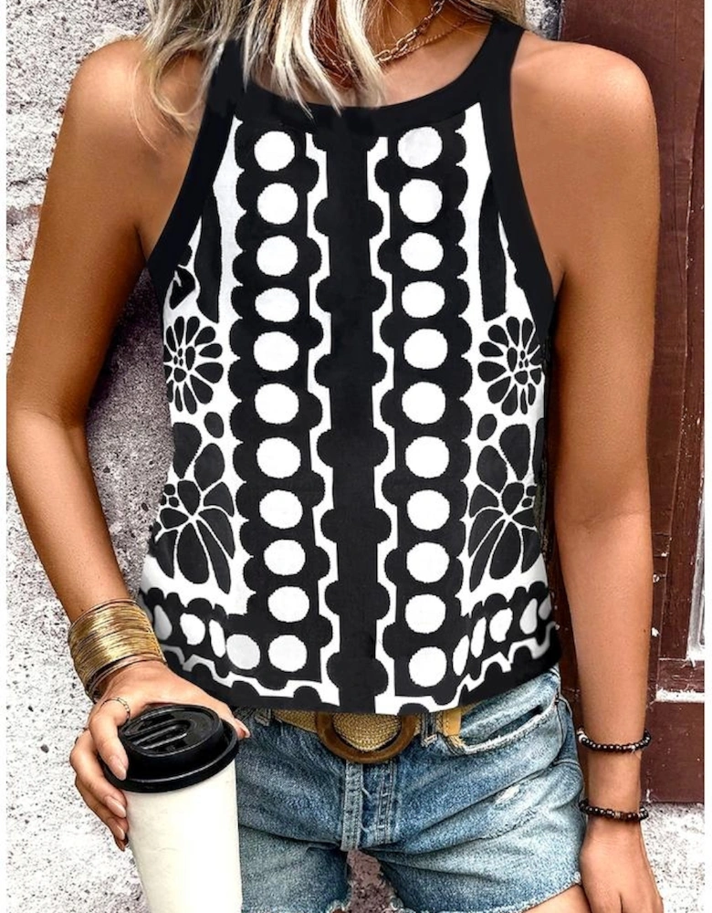 Black Abstract Dot Flower Print Tank Top