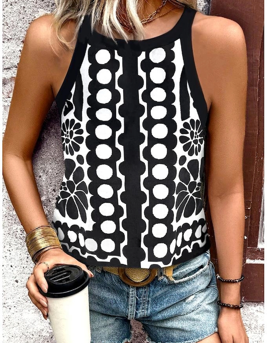 Black Abstract Dot Flower Print Tank Top