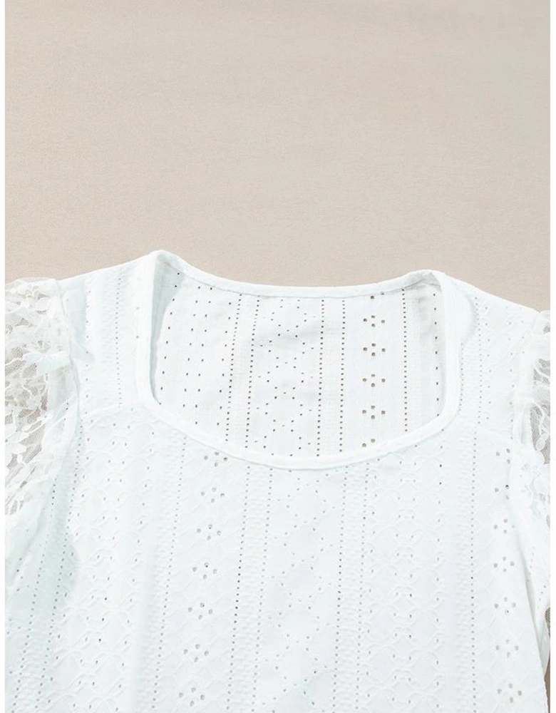 White Frenchy Contrast Lace Bishop Sleeve Bodysuit