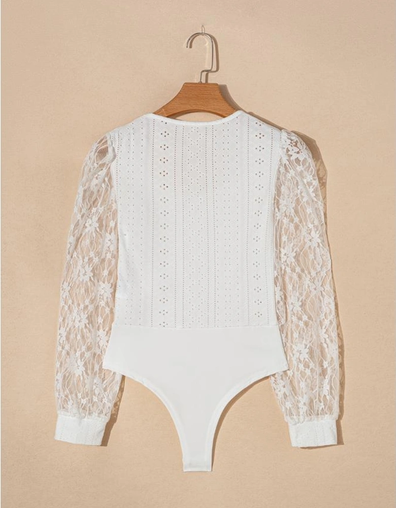 White Frenchy Contrast Lace Bishop Sleeve Bodysuit