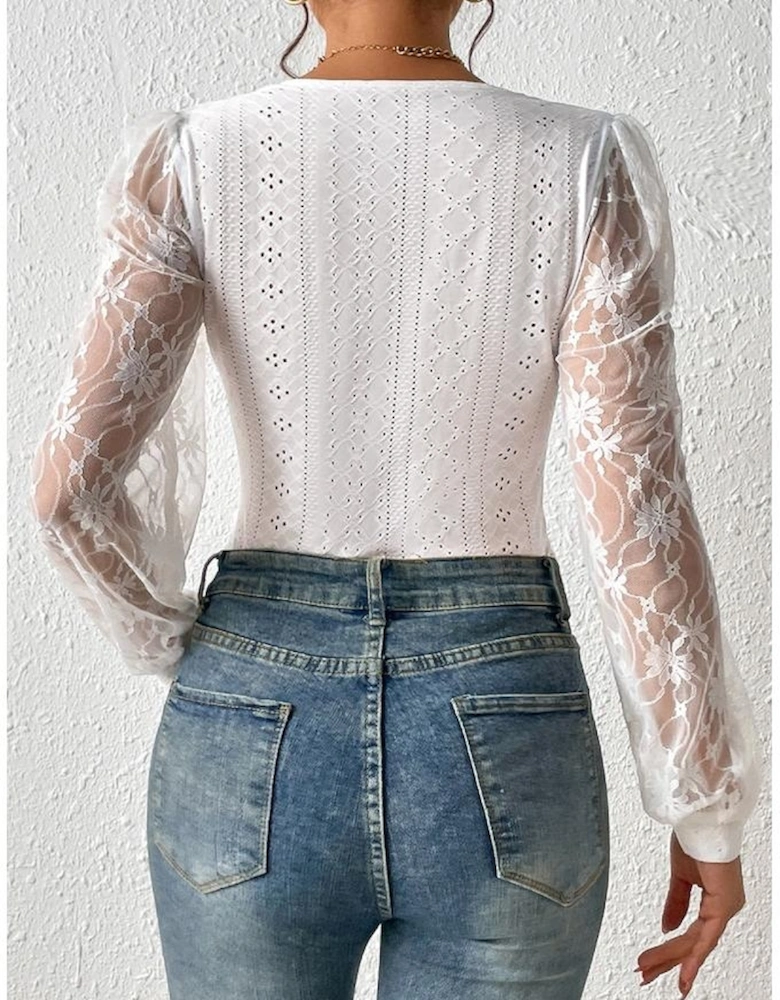 White Frenchy Contrast Lace Bishop Sleeve Bodysuit