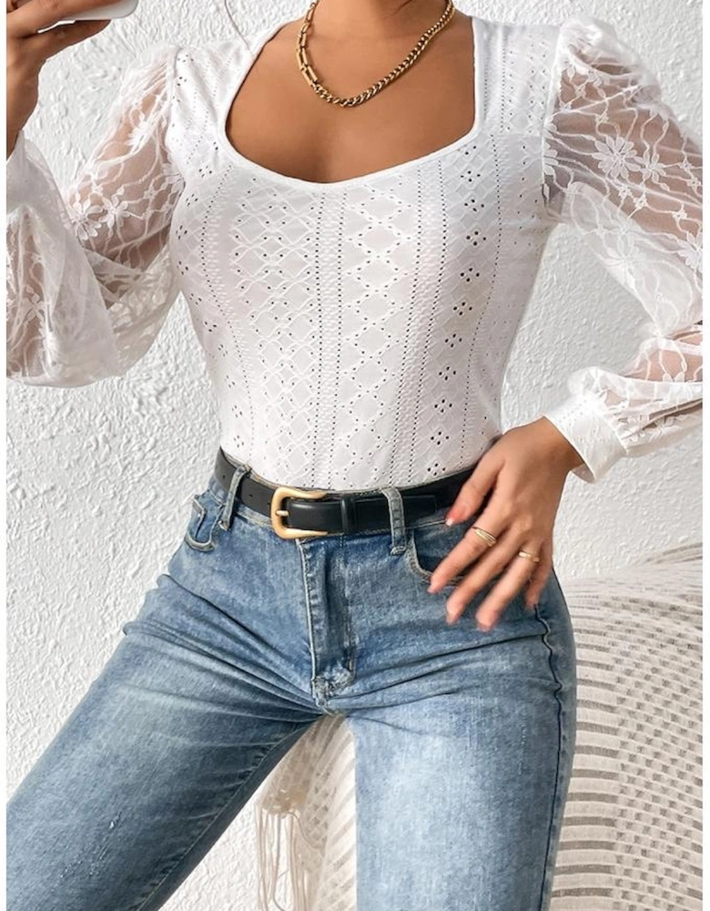 White Frenchy Contrast Lace Bishop Sleeve Bodysuit