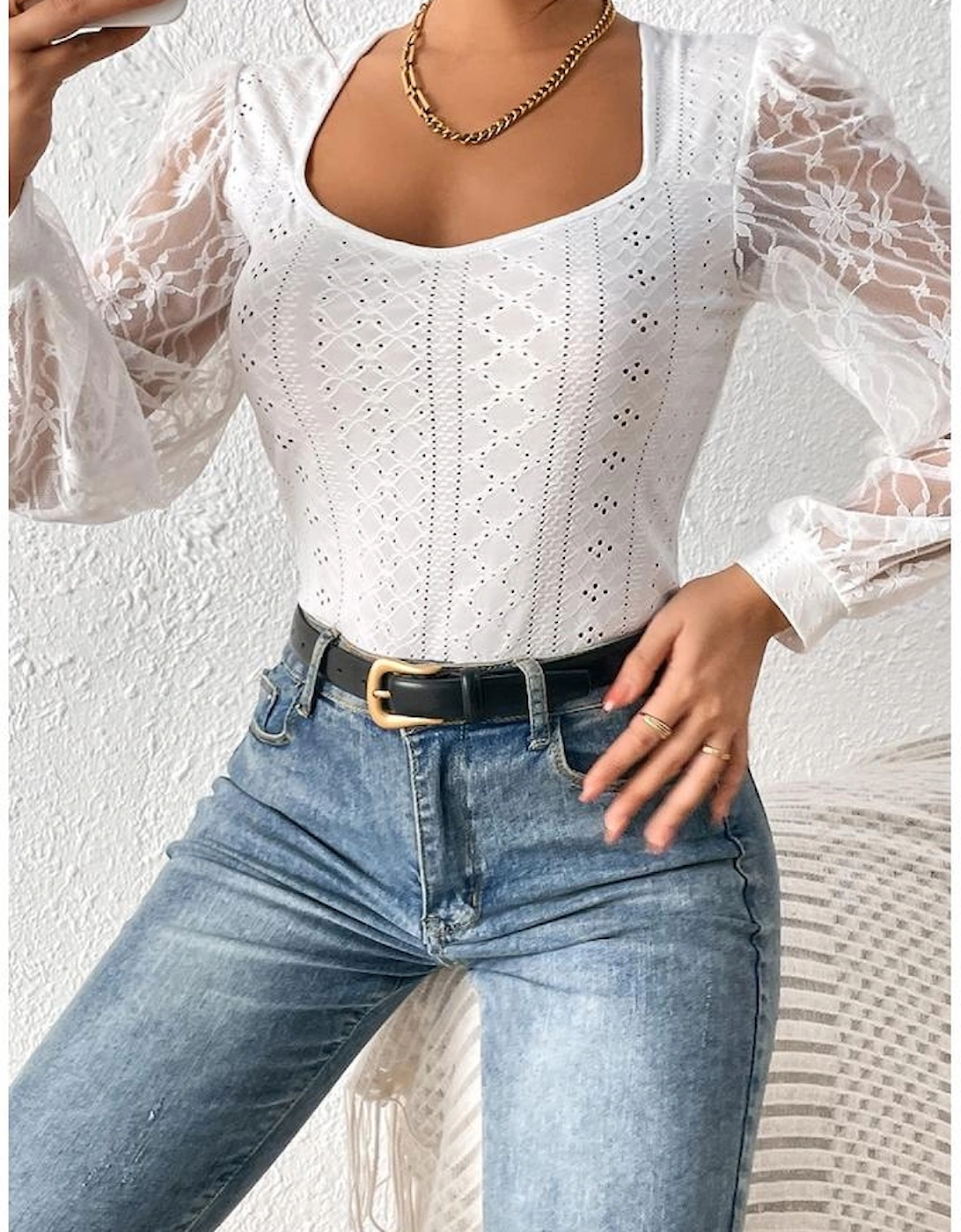 White Frenchy Contrast Lace Bishop Sleeve Bodysuit