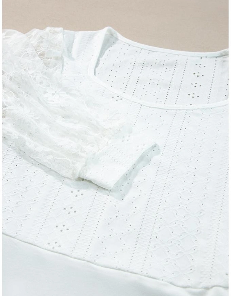 White Frenchy Contrast Lace Bishop Sleeve Bodysuit