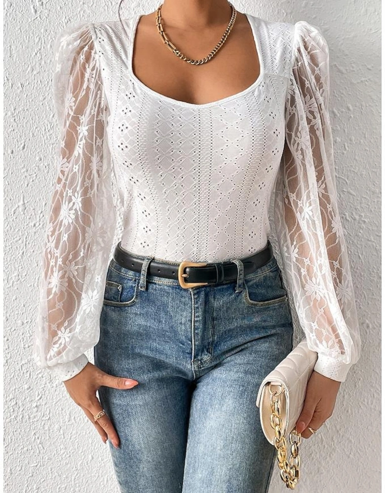 White Frenchy Contrast Lace Bishop Sleeve Bodysuit