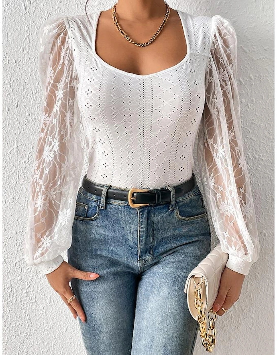 White Frenchy Contrast Lace Bishop Sleeve Bodysuit