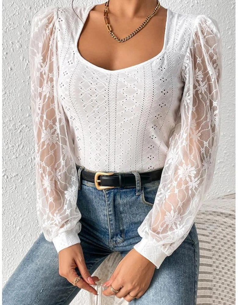 White Frenchy Contrast Lace Bishop Sleeve Bodysuit