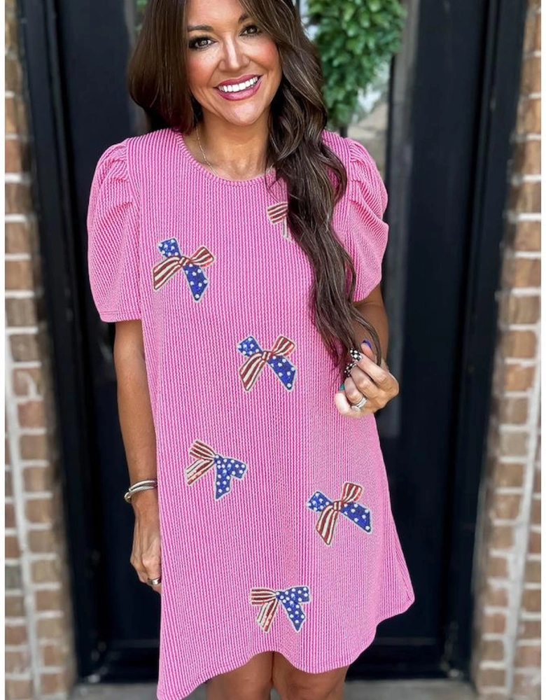 Bright Pink Flag Pattern Inspired Sequin Bow Spiral Ribbed Puff Sleeve T Shirt Dress