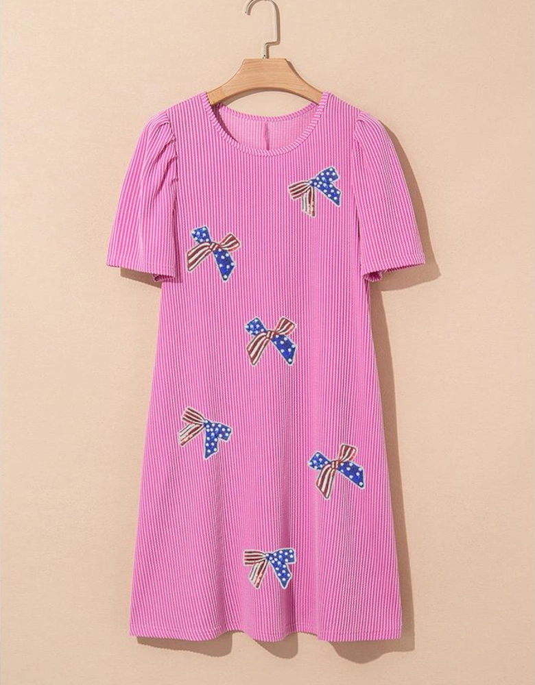 Bright Pink Flag Pattern Inspired Sequin Bow Spiral Ribbed Puff Sleeve T Shirt Dress
