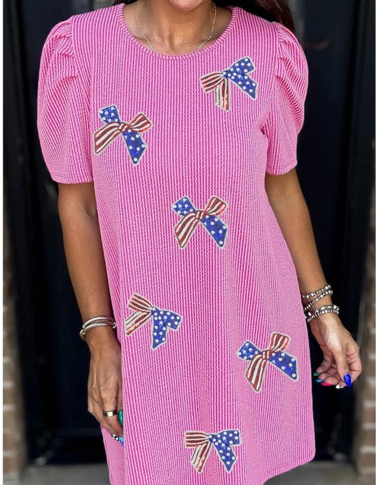 Bright Pink Flag Pattern Inspired Sequin Bow Spiral Ribbed Puff Sleeve T Shirt Dress