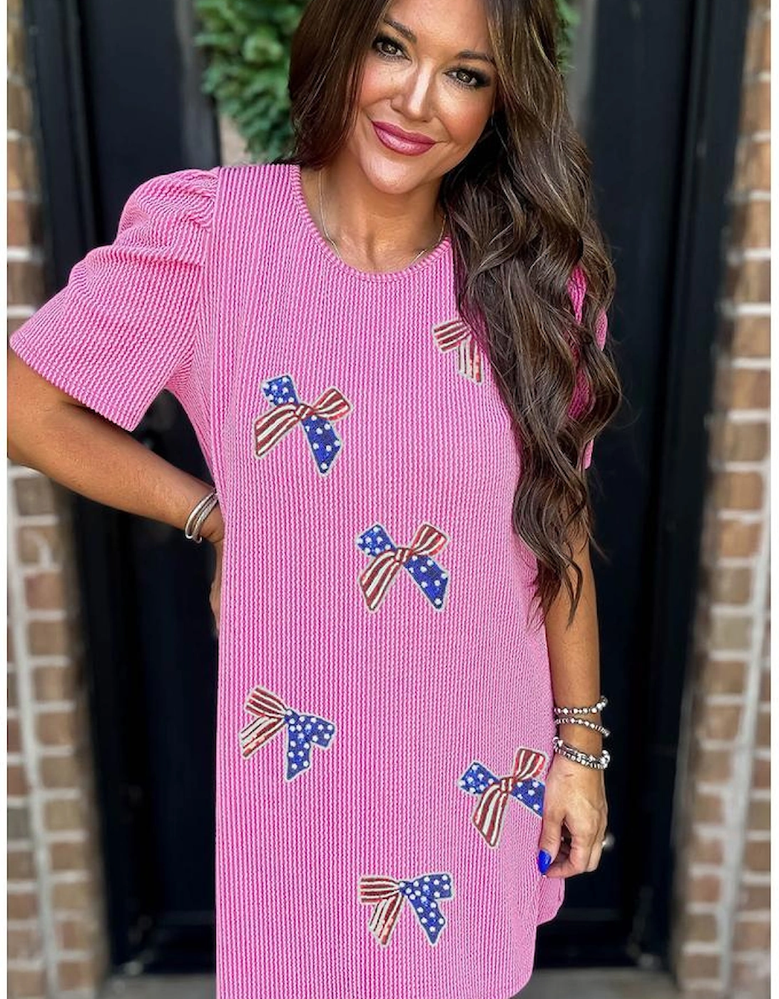 Bright Pink Flag Pattern Inspired Sequin Bow Spiral Ribbed Puff Sleeve T Shirt Dress