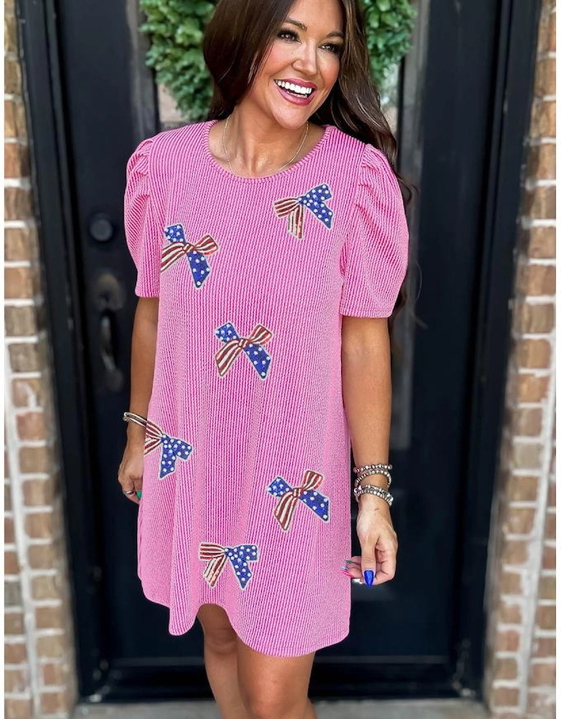 Bright Pink Flag Pattern Inspired Sequin Bow Spiral Ribbed Puff Sleeve T Shirt Dress