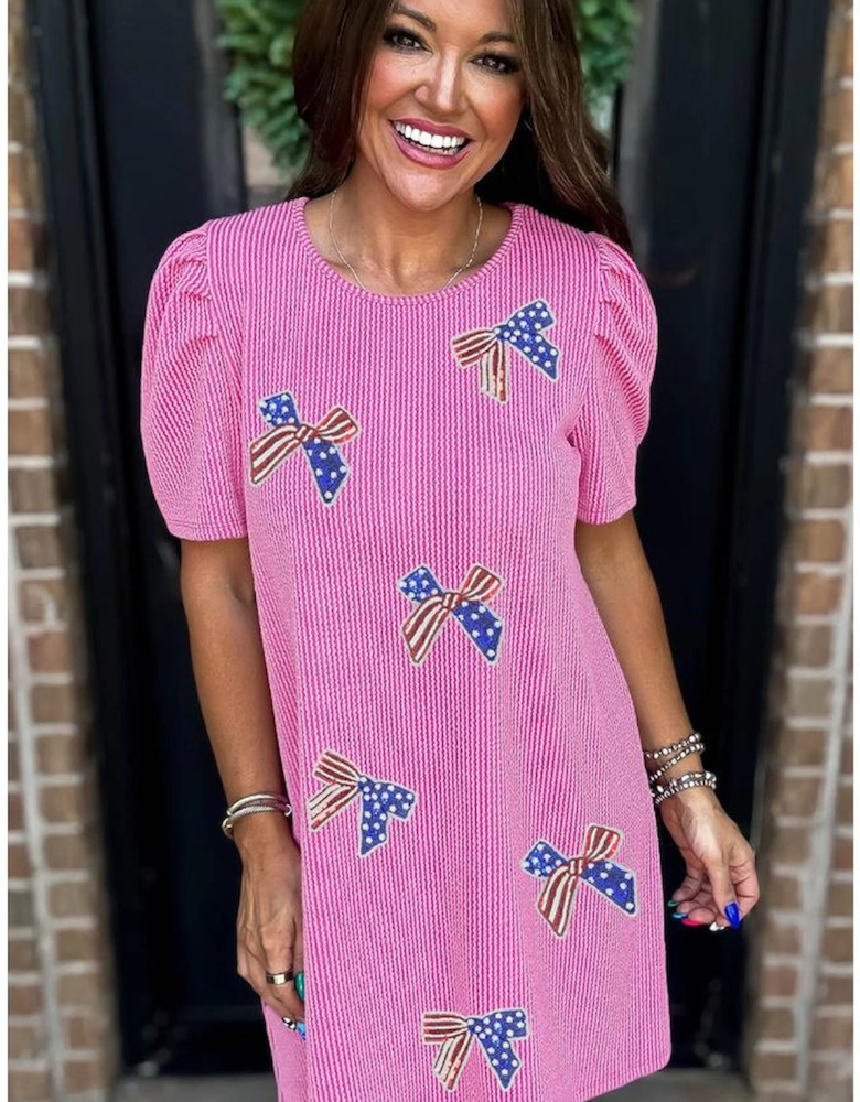 Bright Pink Flag Pattern Inspired Sequin Bow Spiral Ribbed Puff Sleeve T Shirt Dress