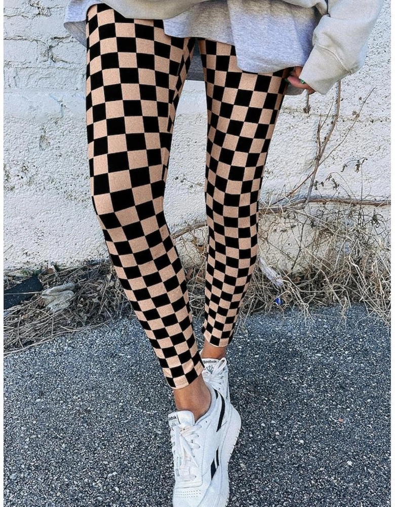 Khaki Checkered Pattern High Waist Skinny Leggings