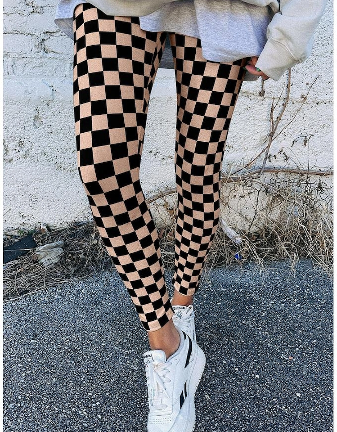Khaki Checkered Pattern High Waist Skinny Leggings