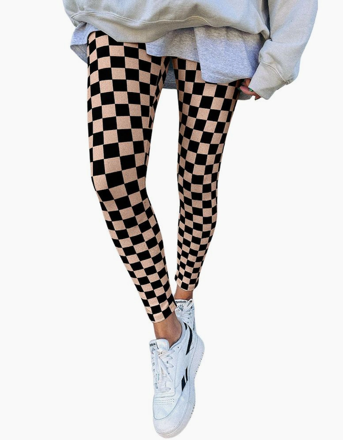 Khaki Checkered Pattern High Waist Skinny Leggings