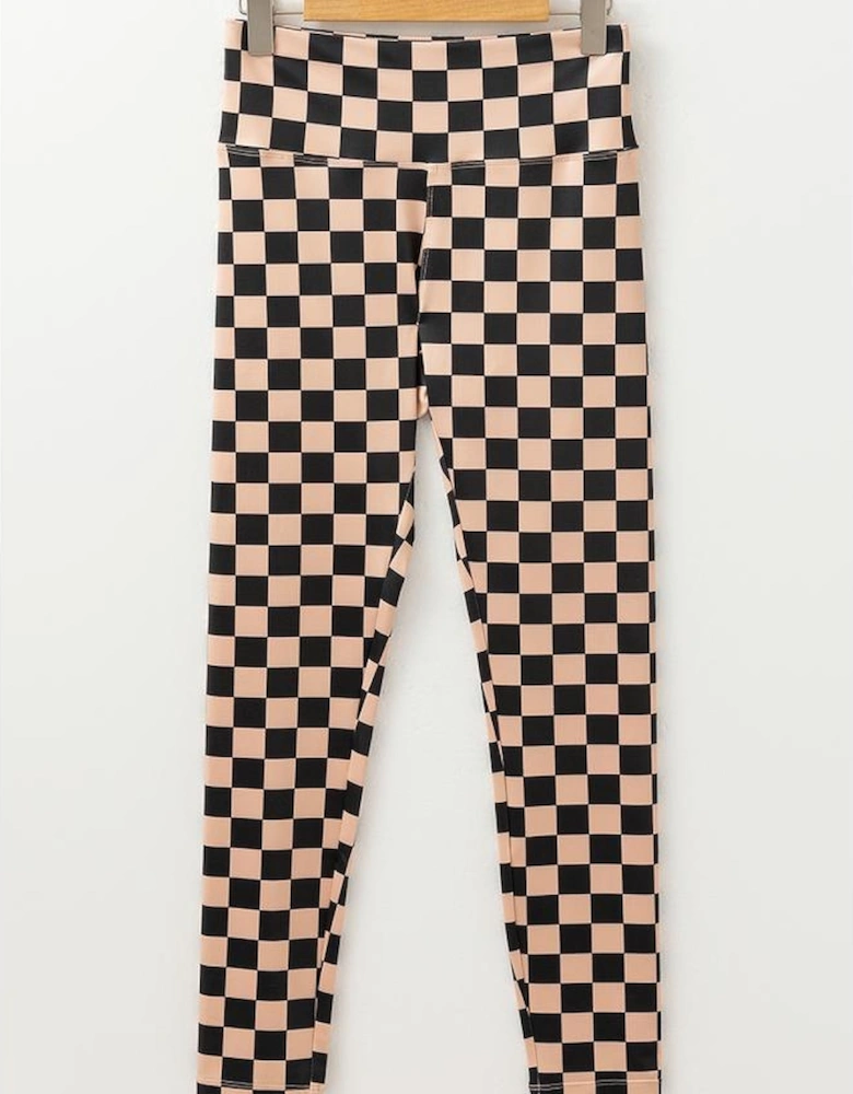 Khaki Checkered Pattern High Waist Skinny Leggings