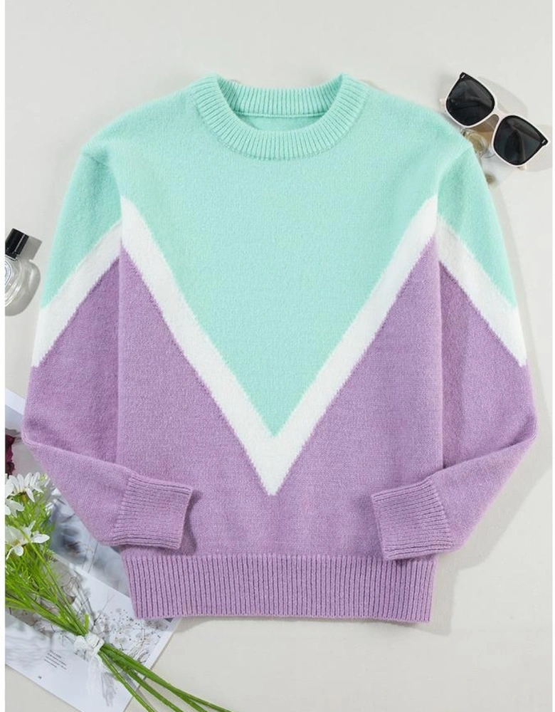 Green Chevron Colorblock Ribbed Knit Drop Shoulder Sweater