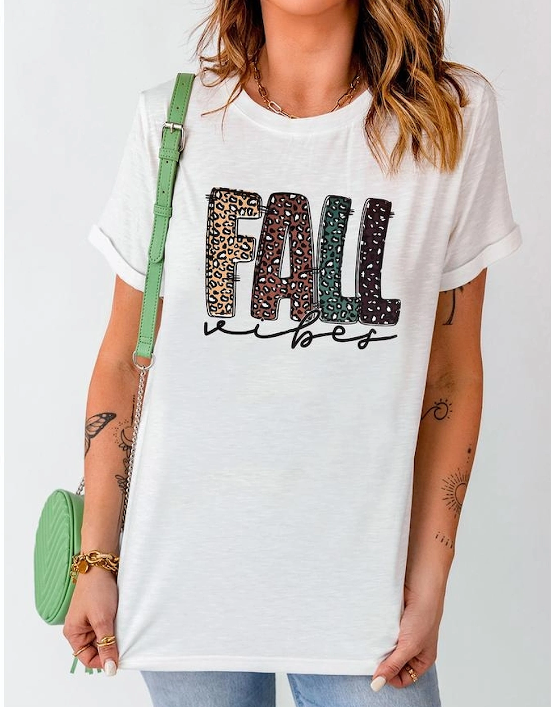 White FALL Vibe Leopard Print Crew Neck T Shirt