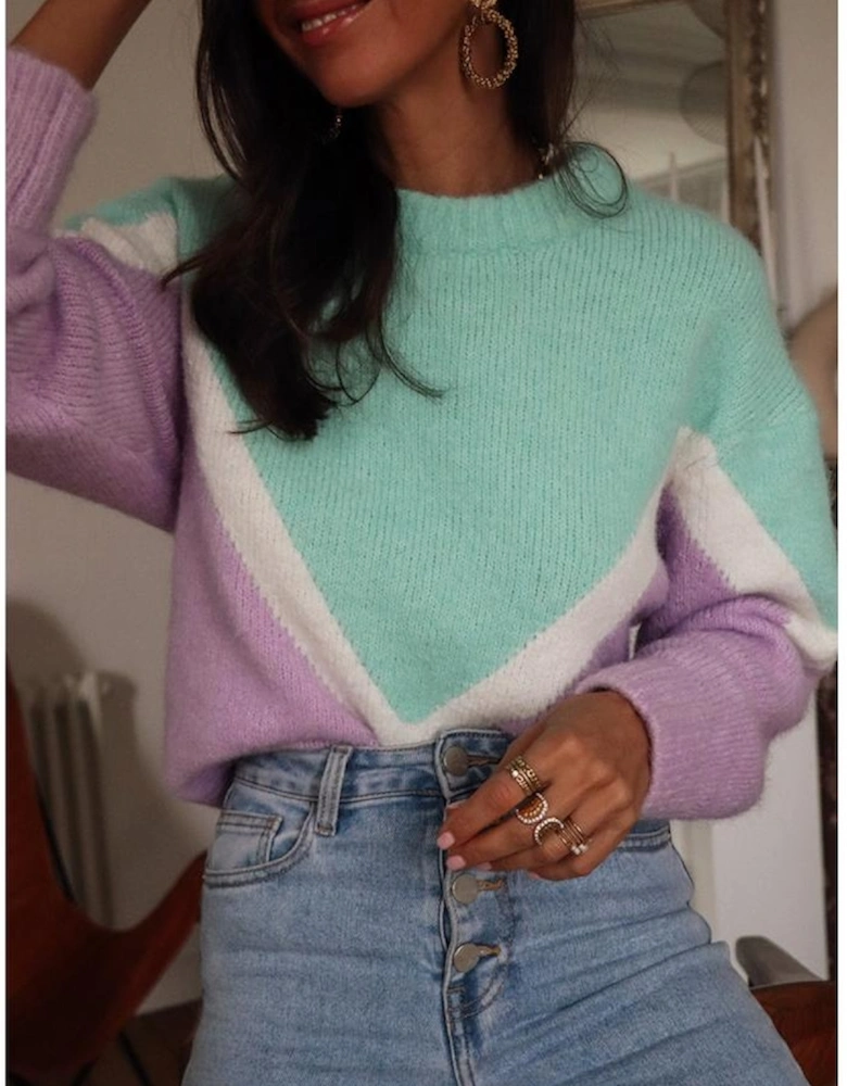 Green Chevron Colorblock Ribbed Knit Drop Shoulder Sweater