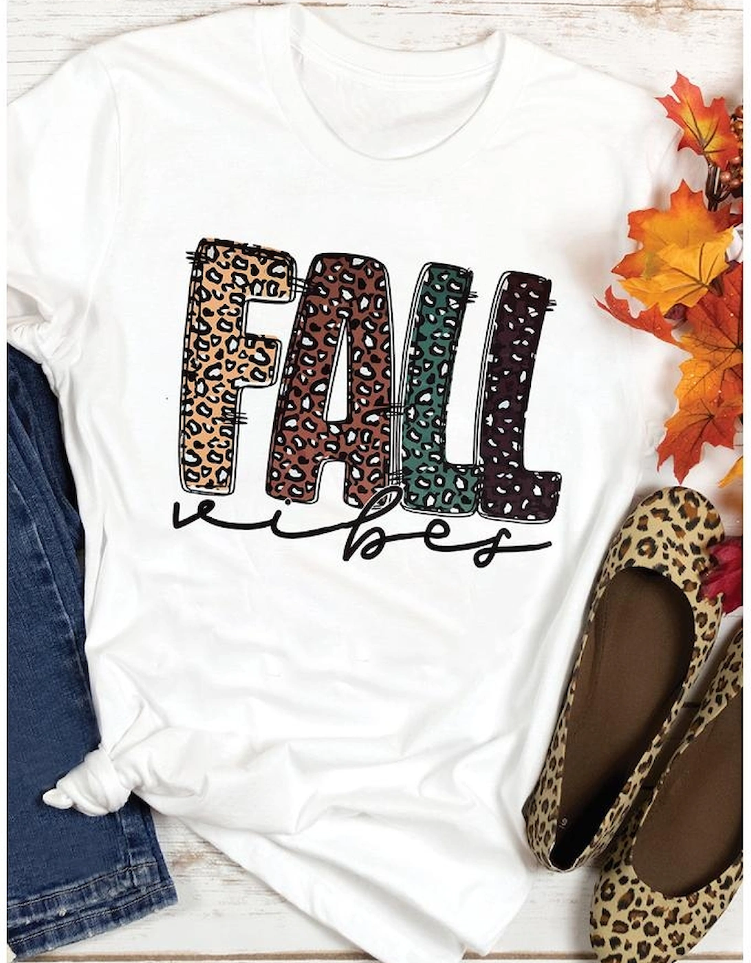White FALL Vibe Leopard Print Crew Neck T Shirt, 7 of 6