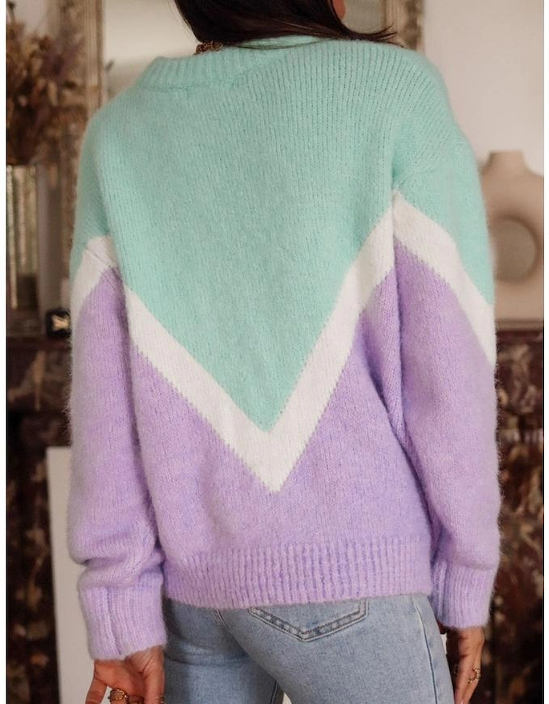 Green Chevron Colorblock Ribbed Knit Drop Shoulder Sweater