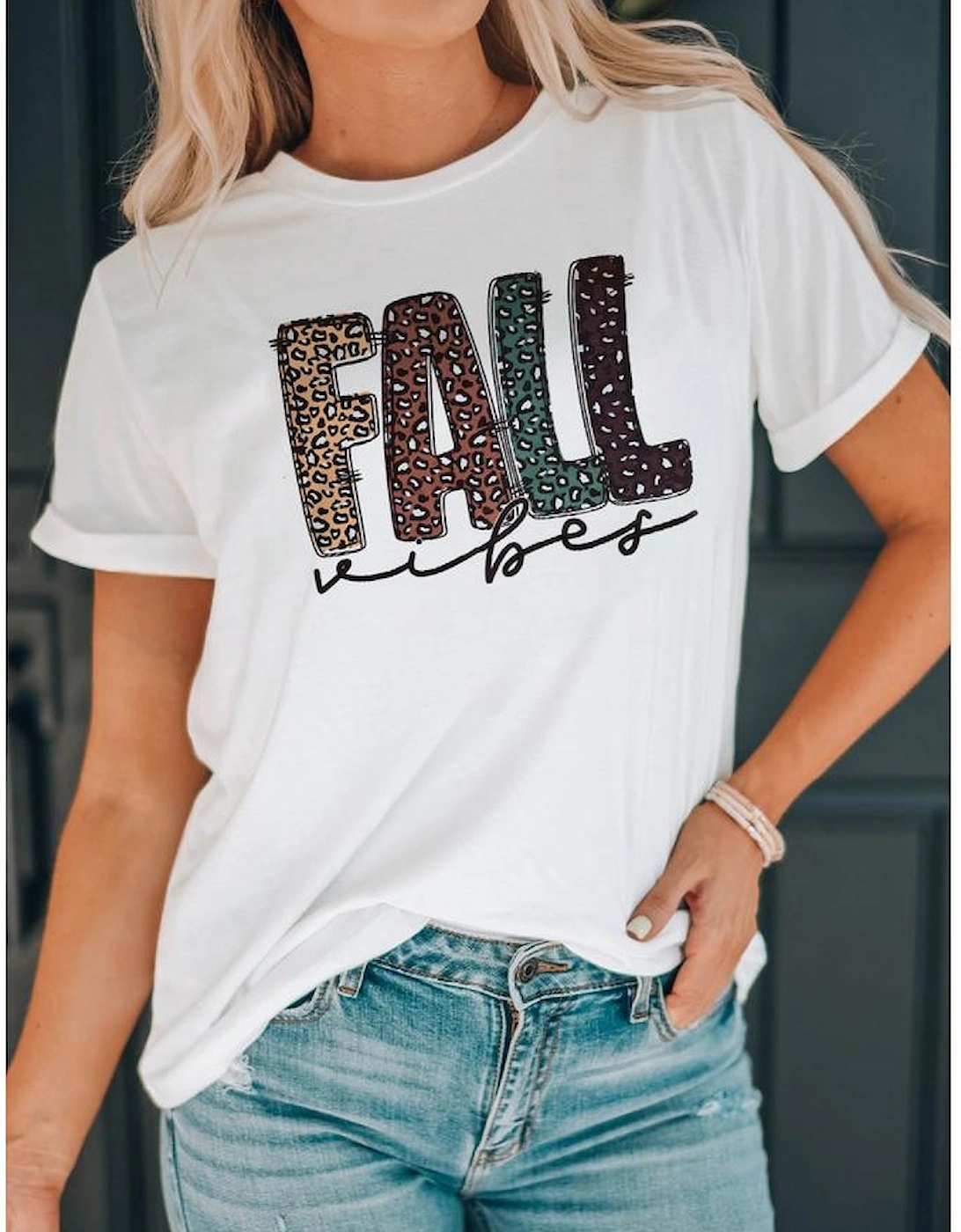 White FALL Vibe Leopard Print Crew Neck T Shirt