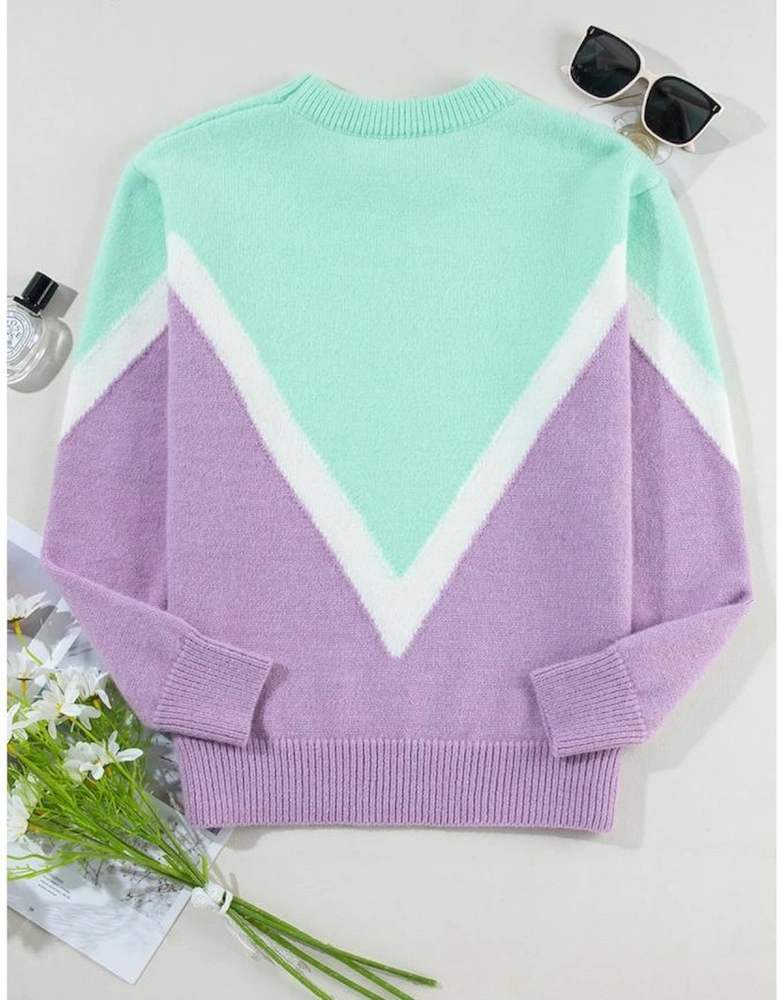 Green Chevron Colorblock Ribbed Knit Drop Shoulder Sweater