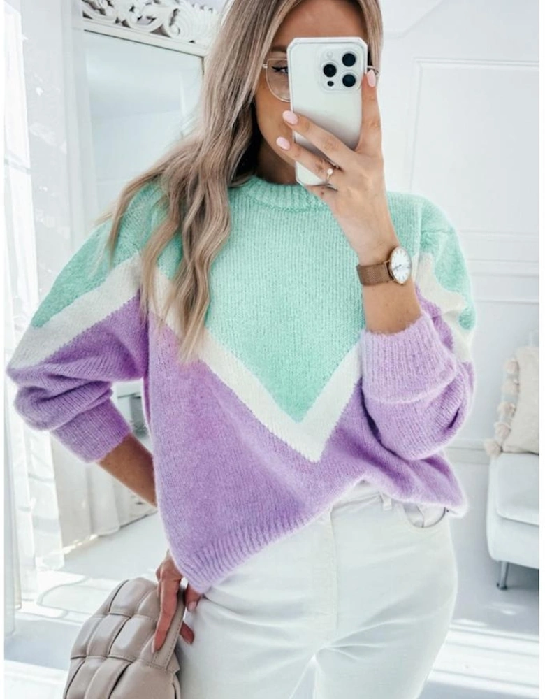 Green Chevron Colorblock Ribbed Knit Drop Shoulder Sweater