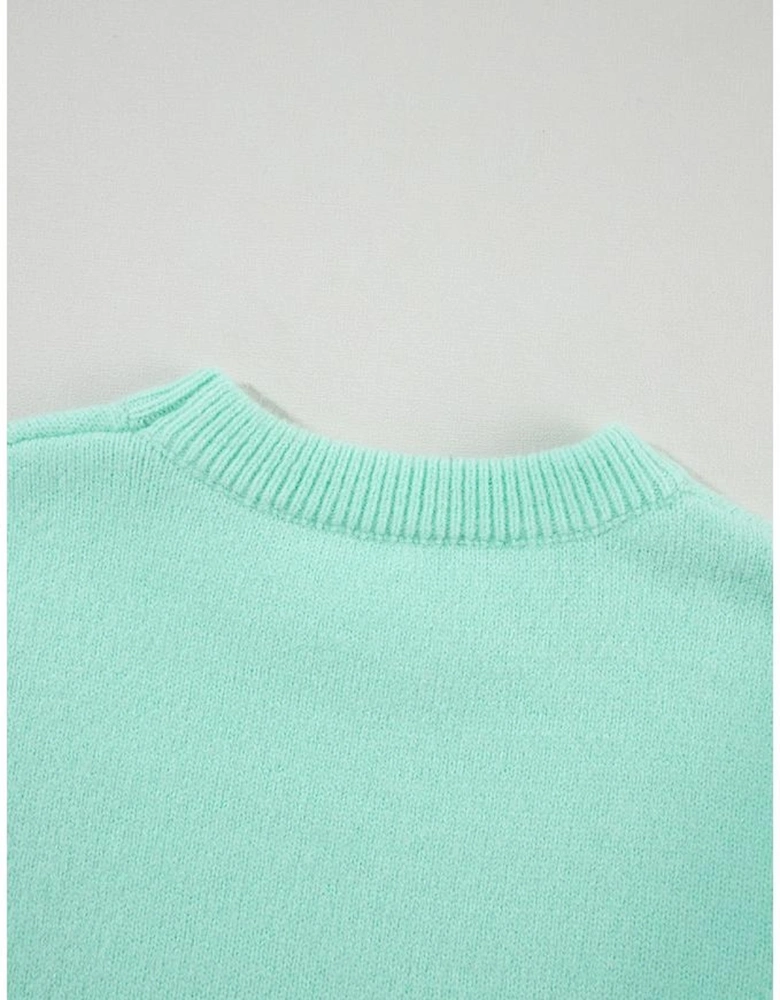 Green Chevron Colorblock Ribbed Knit Drop Shoulder Sweater