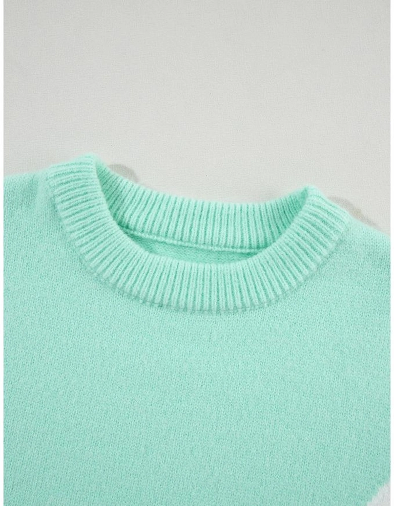 Green Chevron Colorblock Ribbed Knit Drop Shoulder Sweater