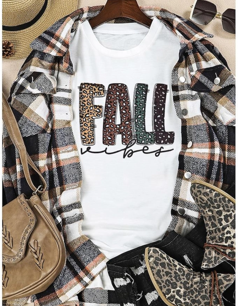 White FALL Vibe Leopard Print Crew Neck T Shirt